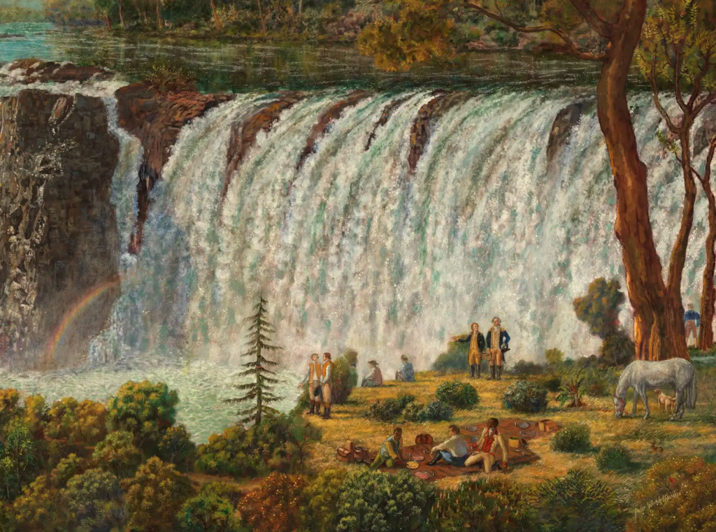 (A painting by Peter Waddell illustrating Alexander Hamilton and George Washington pondering over the beauty of the Great Falls.)